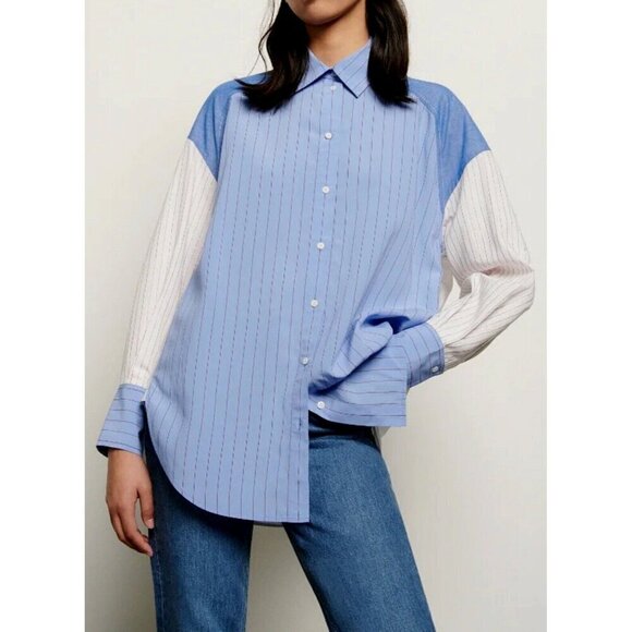 New Sandro Paris Striped Patchwork Oversized Long Sleeve Shirt Blouse Top Sz 0 - Picture 1 of 15